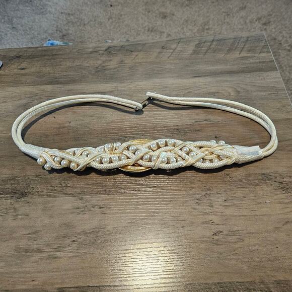 Vintage 80s Belt Women Size 1X White Gold Tone Braided Woven Glam Rock Beaded - Picture 7 of 13